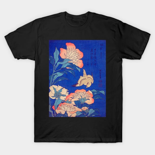 "Peonies and Canary" from a series known as 'Small Flowers' by Katsushika Hokusai (1834) TECHNICOLOR REMASTERED T-Shirt by FineArtMaster